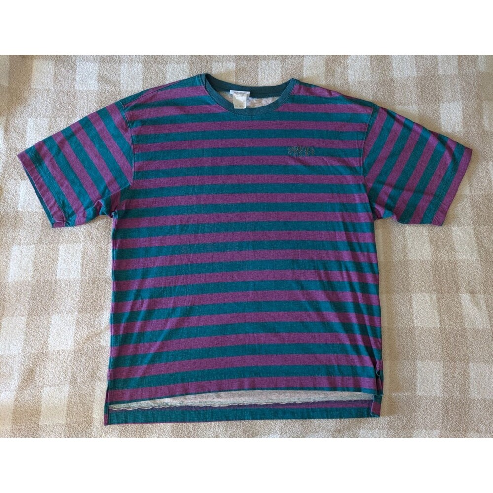 Vintage 90s Sideout Sport Striped T Shirt Mens Large Made in USA Teal Purple